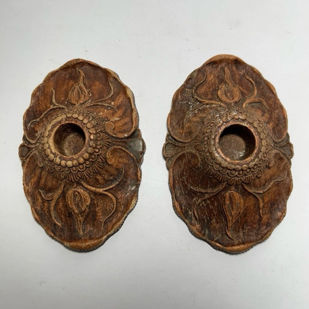 Vintage Resin Candleholders- Boho Mid Century Candlestick Holders PAIR Wood Look